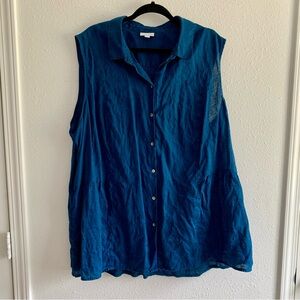J Jill Love Linen Tunic Blouse Sleeveless Collar Button Blue Plus Size 4X